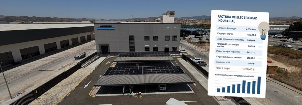 Imagen de portada de un artículo sobre la factura eléctrica industrial, con una nave industrial equipada con placas solares y una factura energética superpuesta, que representa el análisis y la reducción de costes eléctricos en empresas.