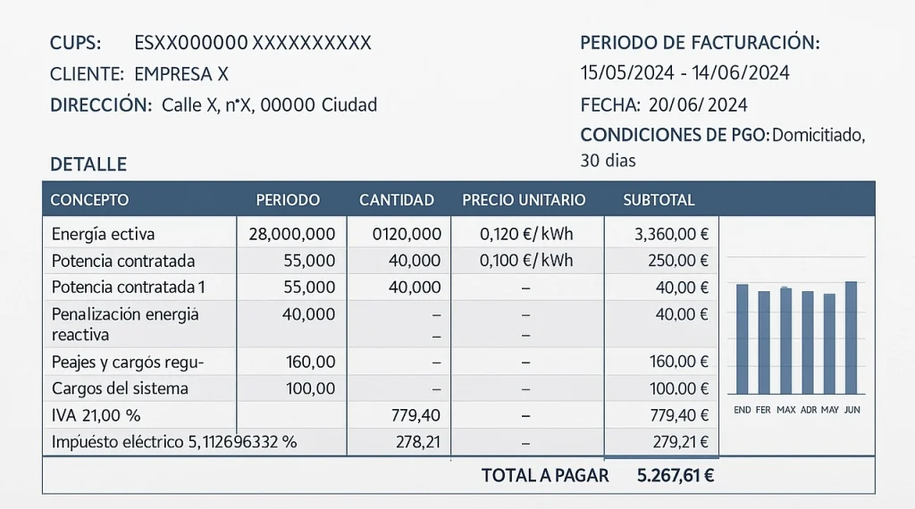 Ejemplo visual de una factura eléctrica industrial con consumo, potencia contratada, peajes e impuestos, utilizada para explicar cómo reducir el coste energético.