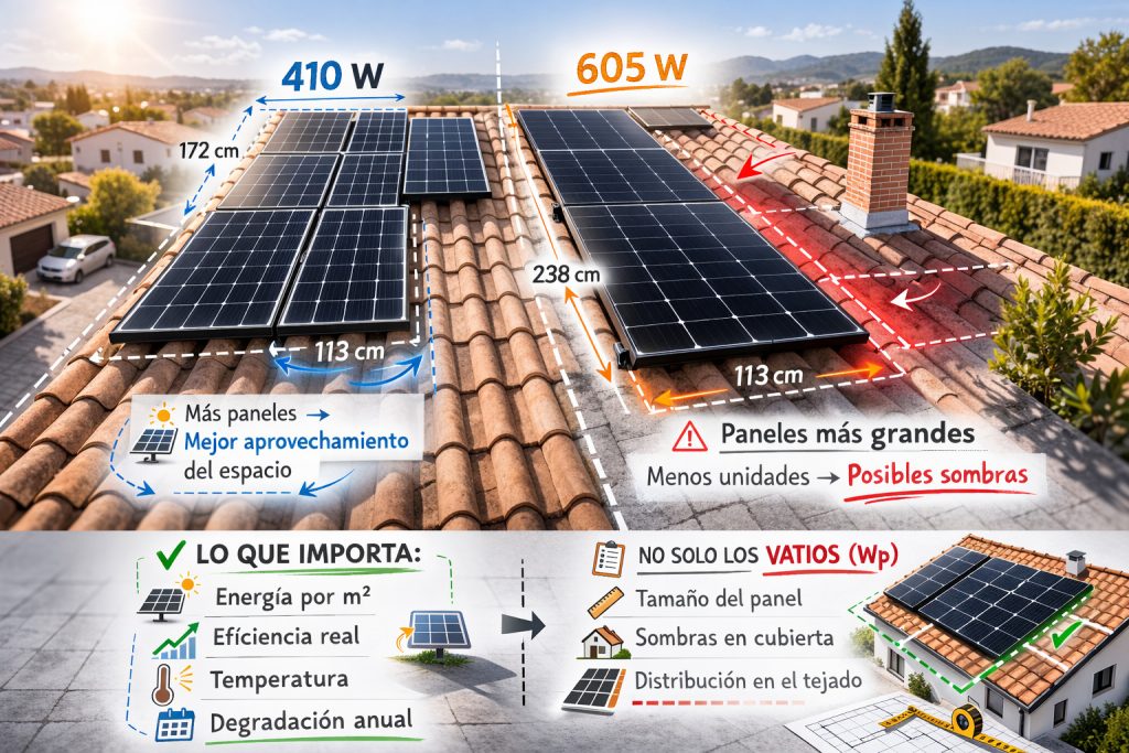 Comparison of 410W and 550W solar panels installed on a roof showing the same available space.