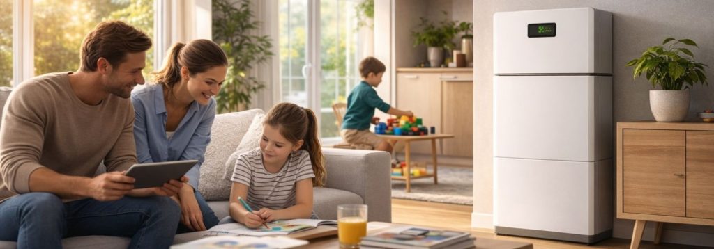 Familia en casa con batería solar doméstica para autoconsumo y respaldo energético